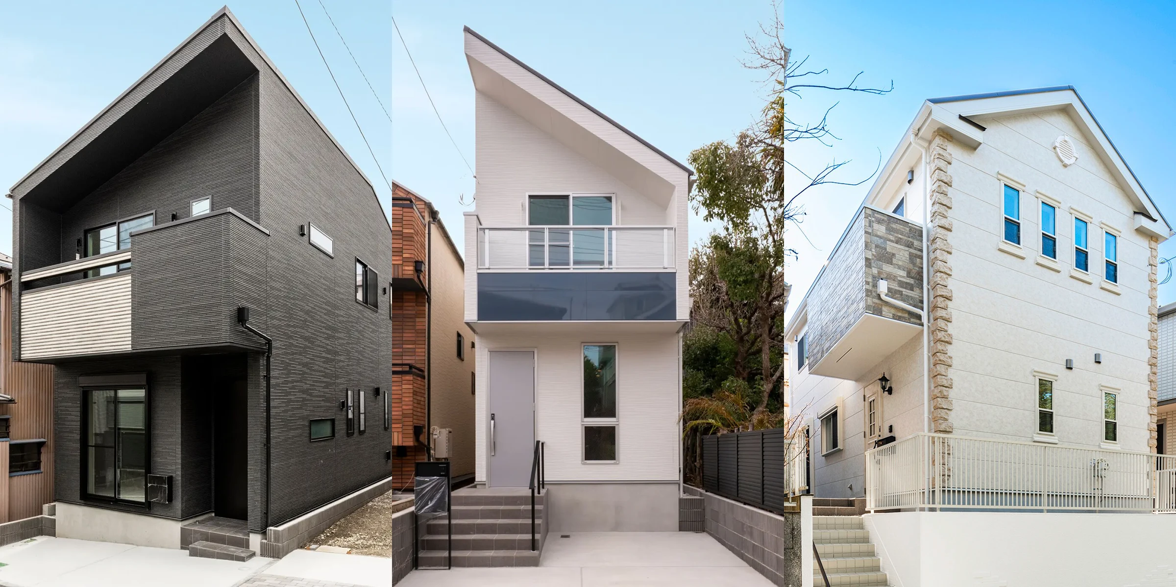 BLISSが施工した3棟の住宅外観。濃紺のガルバリウム、白い切妻屋根、クリーム色の洋風デザイン