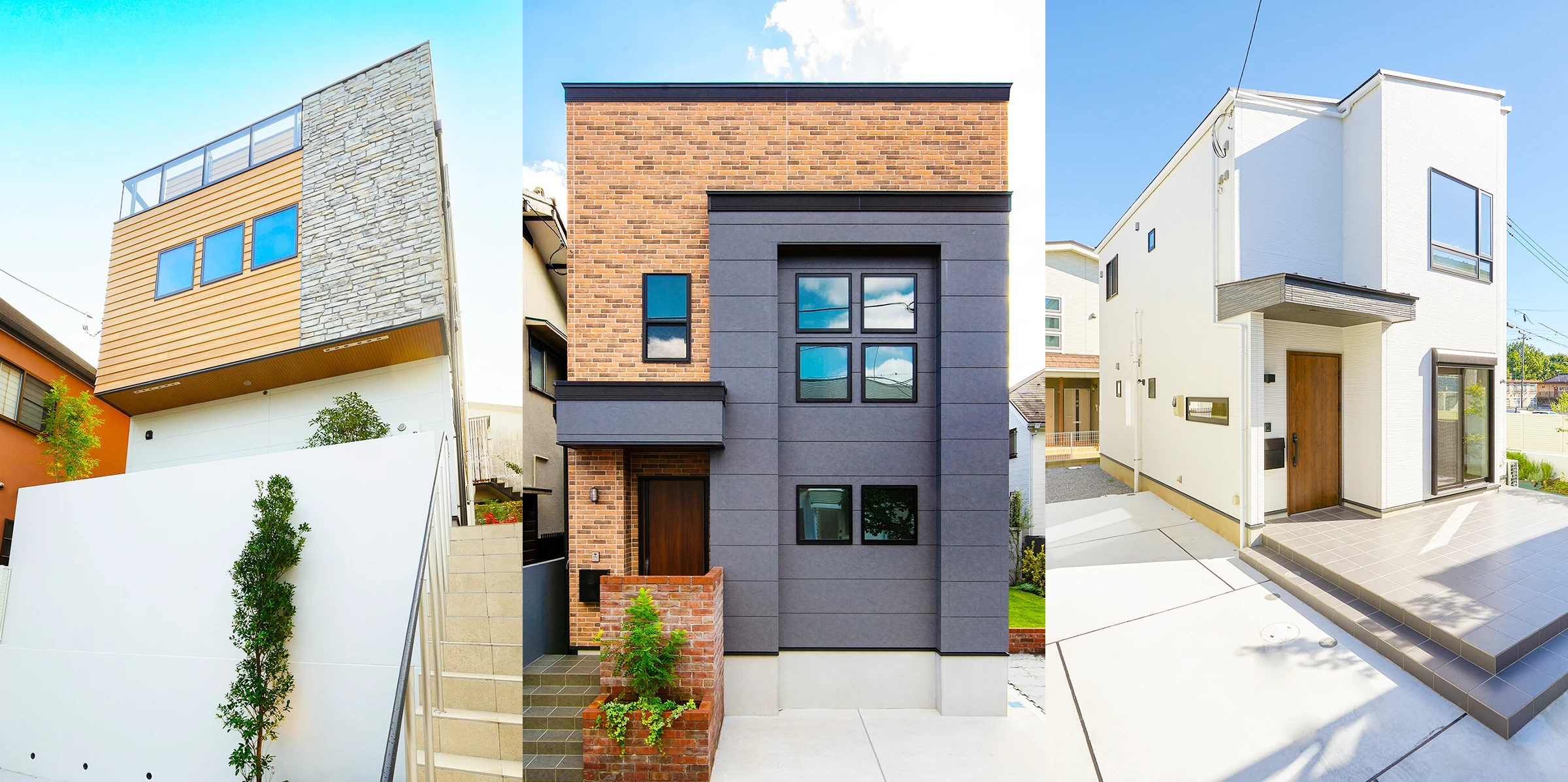 BLISSが施工した3棟の住宅外観。段差のある敷地に建つ木目と石貼り、レンガと濃紺のツートン、白い外壁